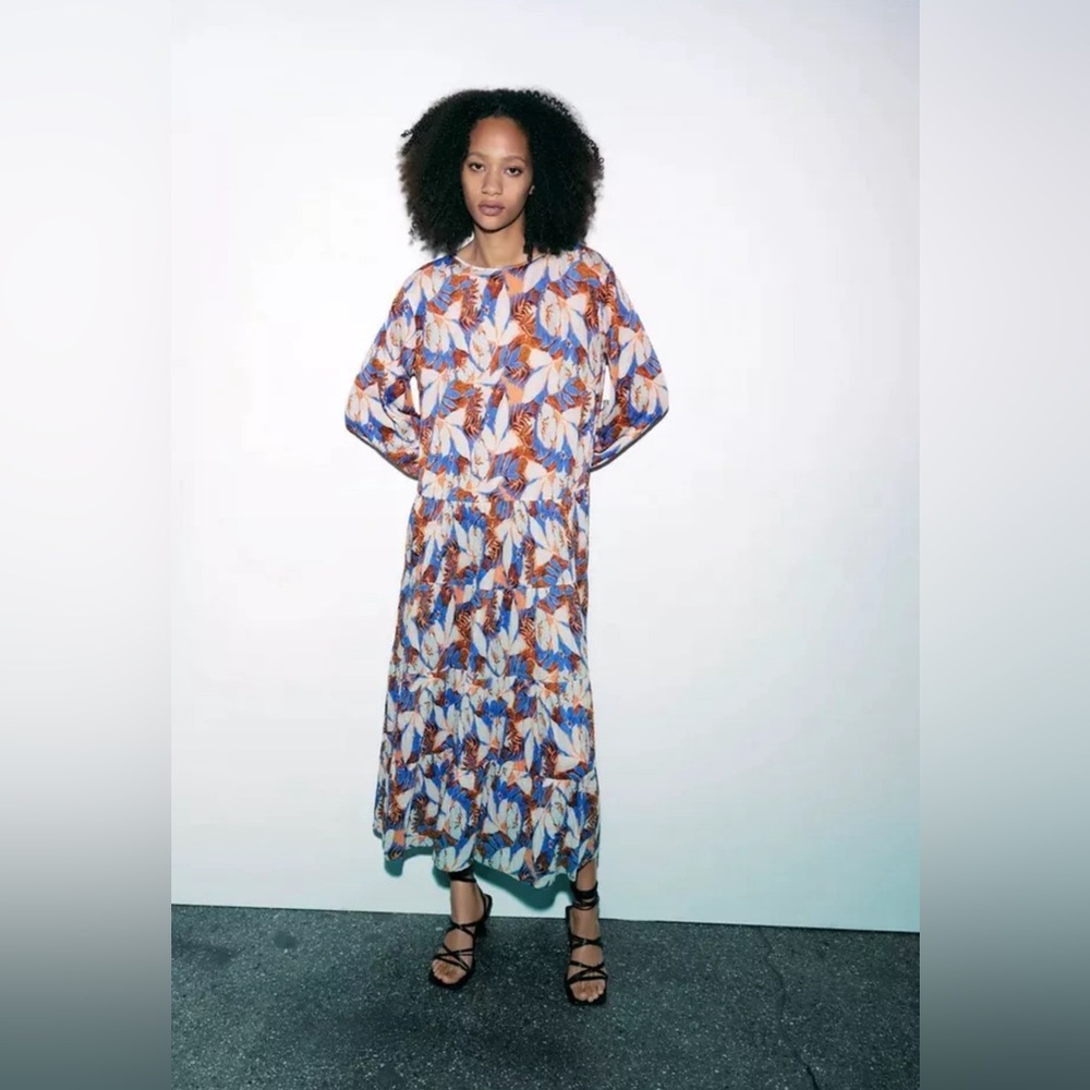 ZARA Pleated Floral Flowy Maxi Dress Blue Brown Size Small Long Sleeve Fall